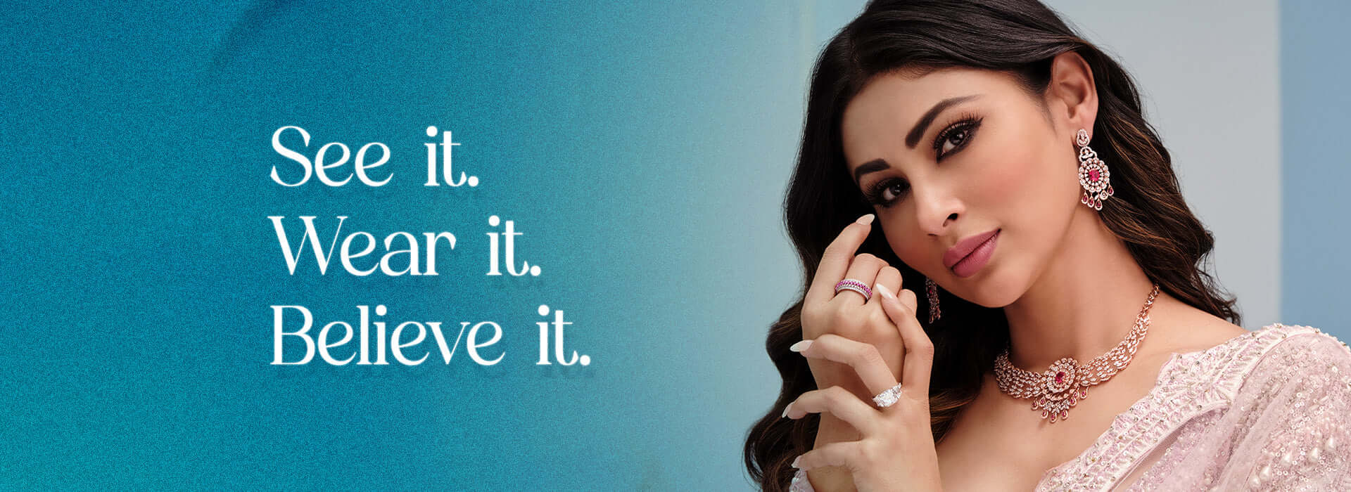 Woman wearing luxury diamond necklace, earrings, rings, and bracelet from Ivana Jewels with the tagline