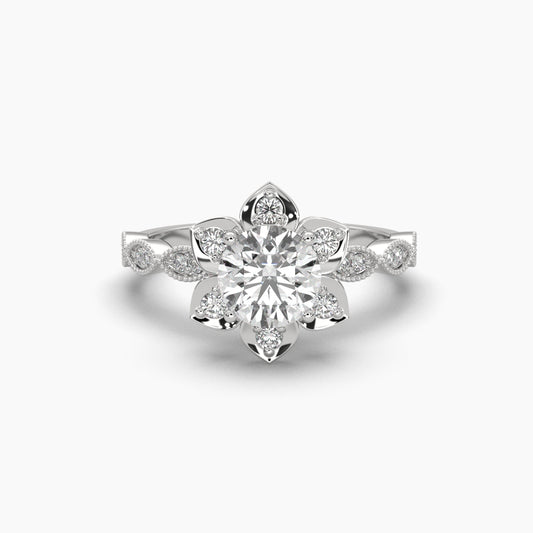 1 Carat Round Cut Solitaire Diamond Flower Ring