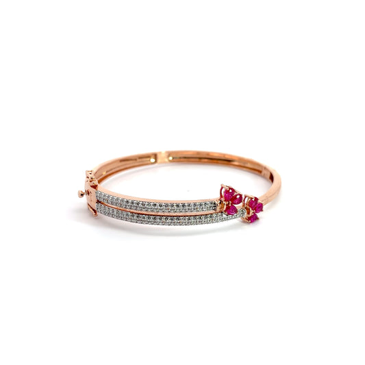 Round Cut Diamonds Two Lines Bracelet with Pink Stone Flower Decoration