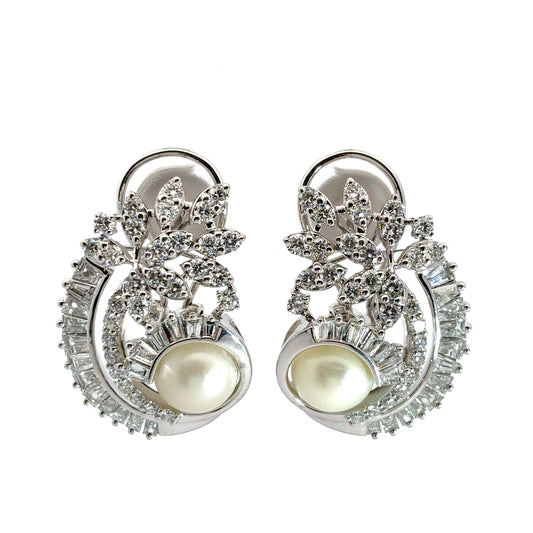 Fancy & Round Cut Diamonds & Pearl Embrace Earrings