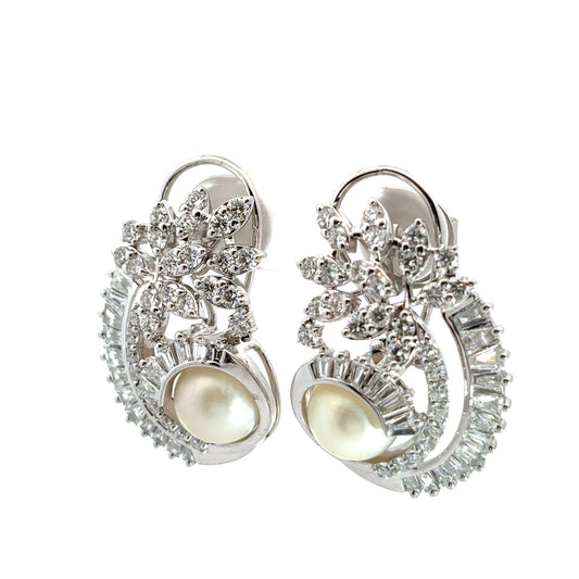 Fancy & Round Cut Diamonds & Pearl Embrace Earrings