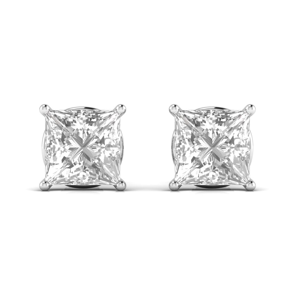 2 Carats Each Princess Shape Solitaire Diamond Four Prong Basket Setting Studs Earring