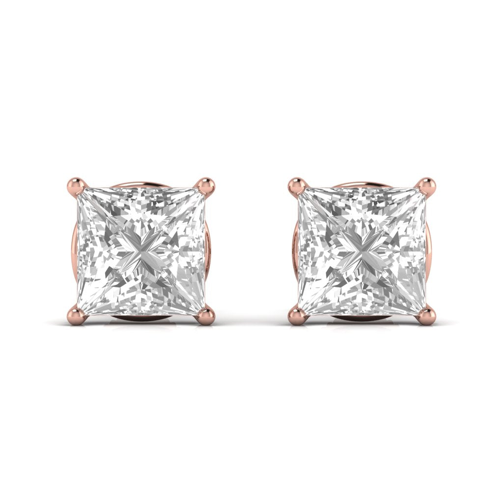 1.5 Carats Each Princess Shape Solitaire Diamond Four Prong Basket Setting Studs Earring