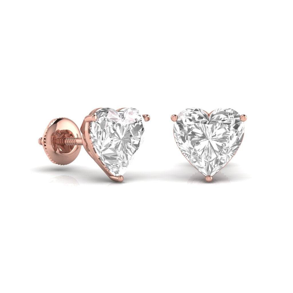 2 Carats Each Heart Shape Solitaire Diamond Three Prong Martini Setting Studs Earring