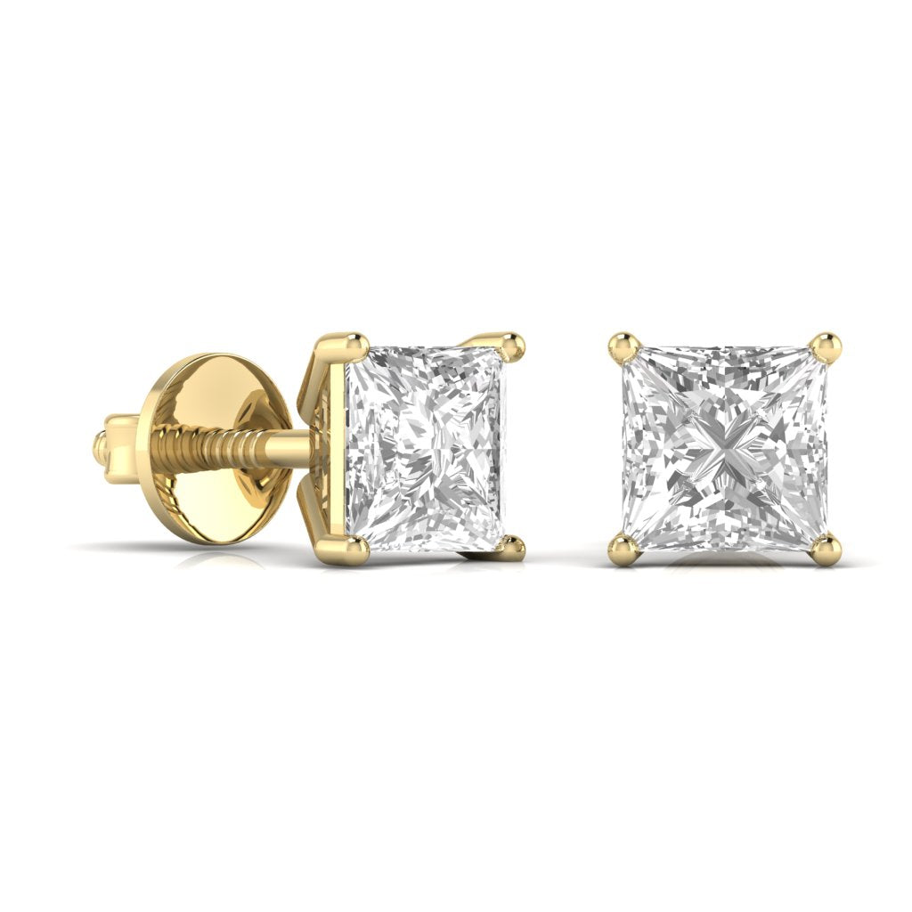 2.5 Carats Each Princess Shape Solitaire Diamond Four Prong Basket Setting Studs Earring