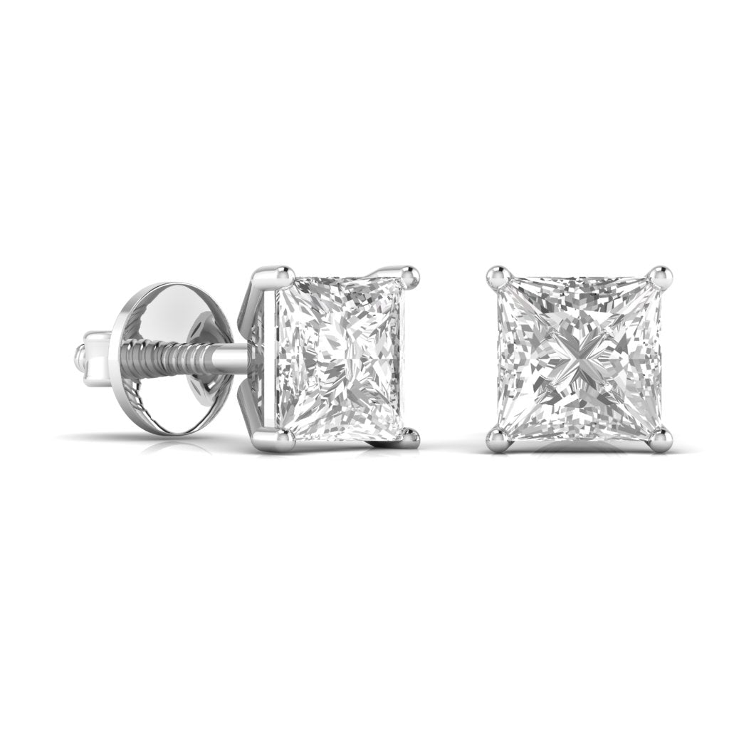 2.5 Carats Each Princess Shape Solitaire Diamond Four Prong Basket Setting Studs Earring