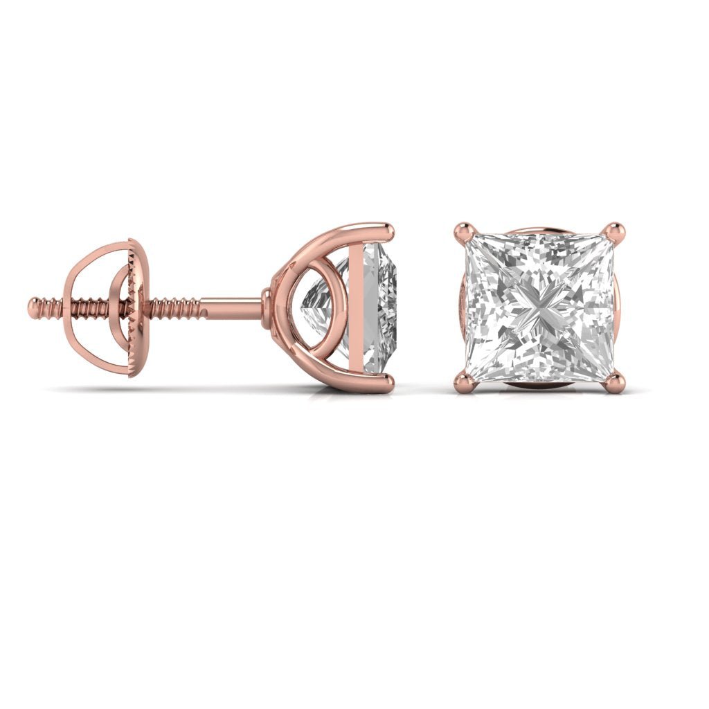 2 Carats Each Princess Shape Solitaire Diamond 4-Prong Basket Setting Studs Earring