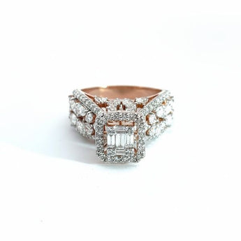 Baguette & Pear Halo Diamond Ring in Rose Gold 