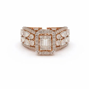 Baguette & Pear Halo Diamond Ring in Rose Gold 