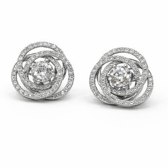 Luxurious Swirl Pattern Diamond Halo Stud Earrings in White Gold