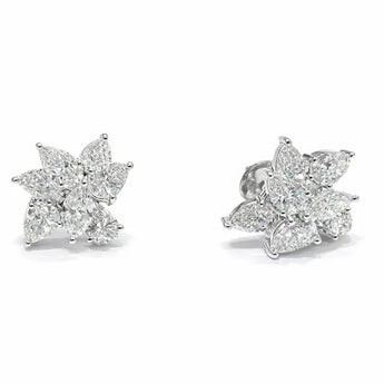 Luxury White Gold Pear-Cut Diamond Cluster Floral Stud Earrings