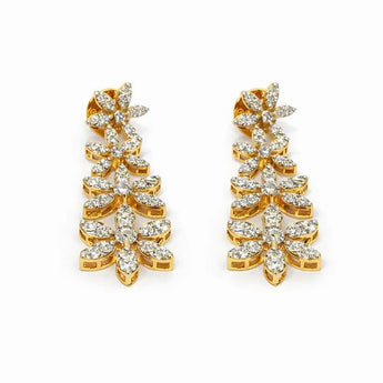 14KT Yellow Gold Diamond Floral Cluster Long Drop Earrings