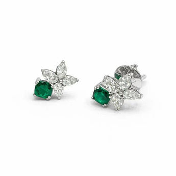 Square Cut Emerald and Marquise Diamond Cluster Studs 