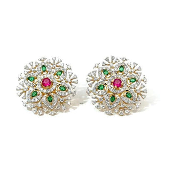 14KT Gold Floral Mandala Earrings with Ruby & Emerald
