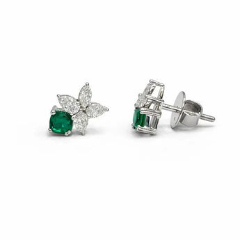 Square Cut Emerald and Marquise Diamond Cluster Studs 