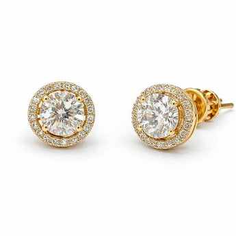 Double Halo Round Diamond Bezel Set Stud Earrings