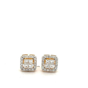 Princess Cut Diamond Illusion Set Stud Earrings with Halo in Yellow Gold