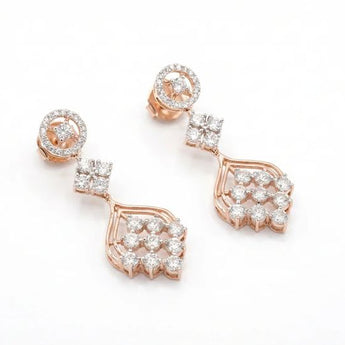 Geometric Diamond Cluster Long Dangle Earrings in 14K Rose Gold