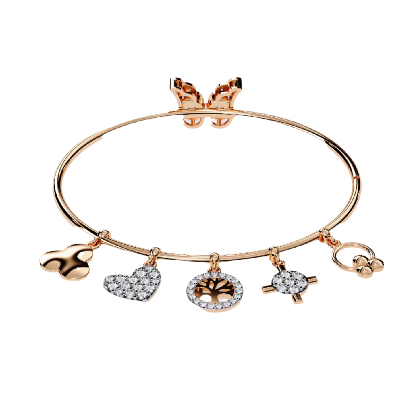 Diamond Charm Bracelet with Butterfly, Heart, Tree, and Cross Charms