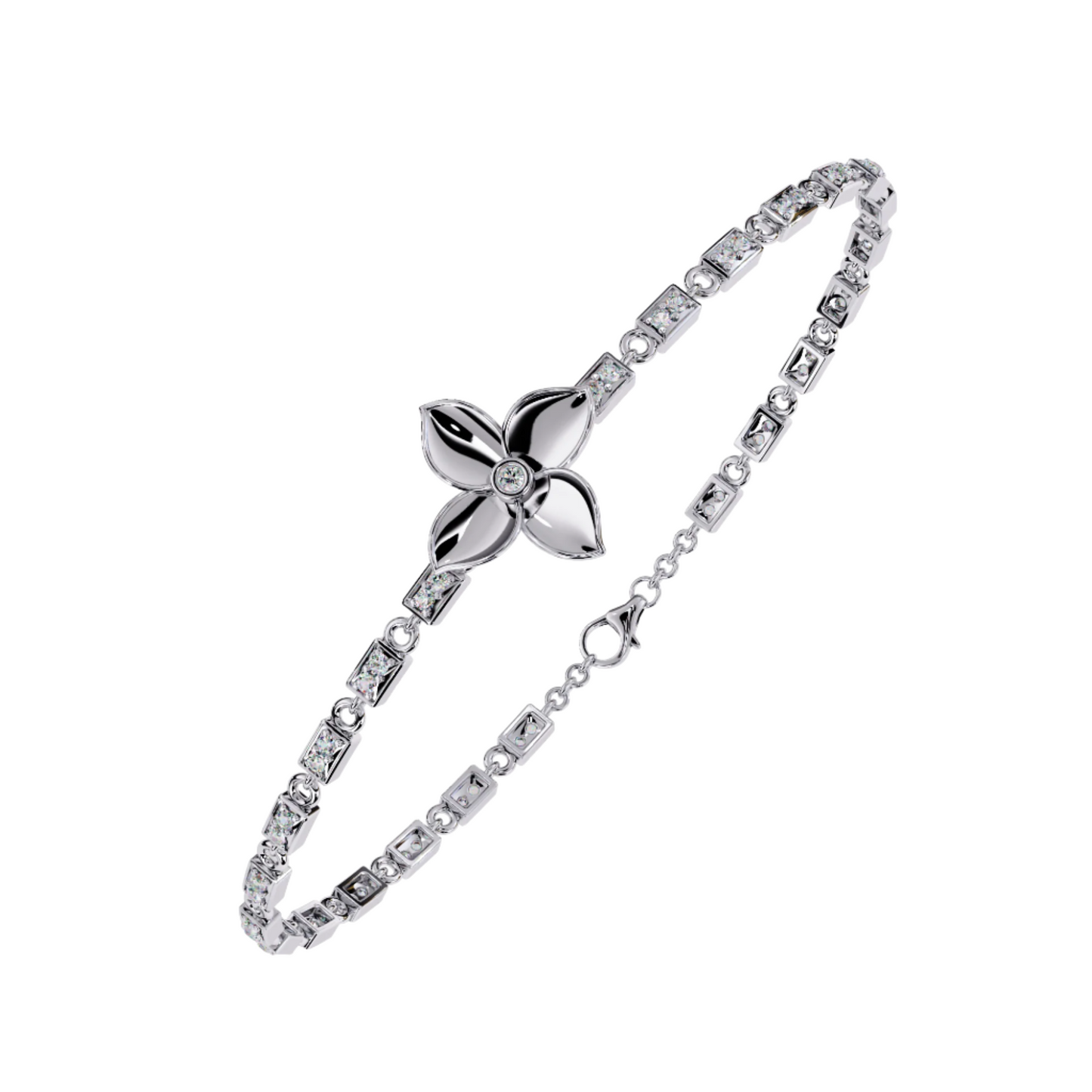 Diamond Bracelet with Floral Motif and Chain Link