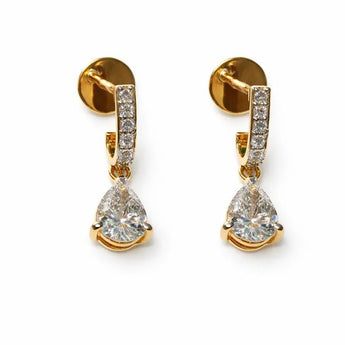 Elegant 14K Gold Pear Diamond Drop Earrings with Pave Curved Bar
