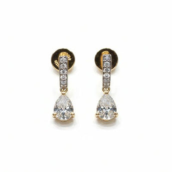 Elegant 14K Gold Pear Diamond Drop Earrings with Pave Curved Bar