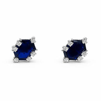 Hexagon Blue Colorstone and Diamond Halo Earrings