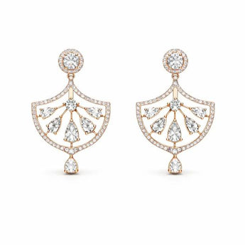 Vintage Style Pear-Cut Diamond Fan Earrings with Halo Border