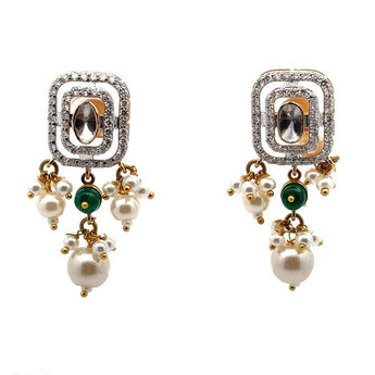 Geometric Diamond Halo Earrings with Pearl and Emerald Bead Drops