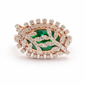 Emerald and Diamond Cocktail Ring with Floral Cluster Design