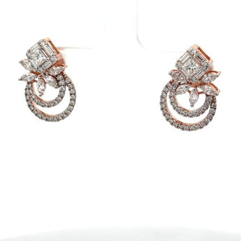 Rose Gold Diamond Halo Dangle Earrings with Baguette and Princess Cut Accents