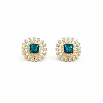 Square Blue Colostone and Diamond Halo Earring