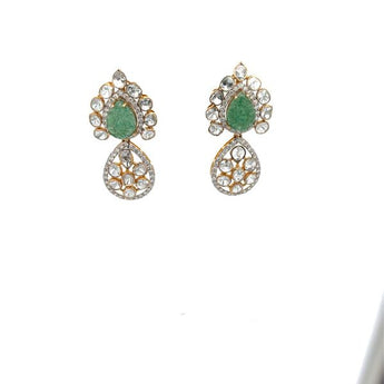 Traditional Green Polki Teardrop Earrings with White Stones