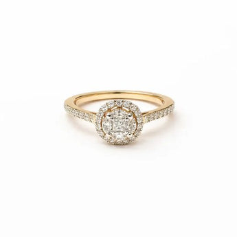 Halo Diamond Ring with Round Center Stone and Paved Band