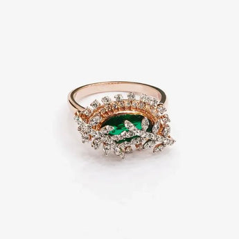 Oval Green Emerald Statement Ring with Diamond Scalloped Edge