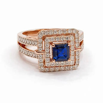 Princess Cut Sapphire Engagement Ring with Double Diamond Halo