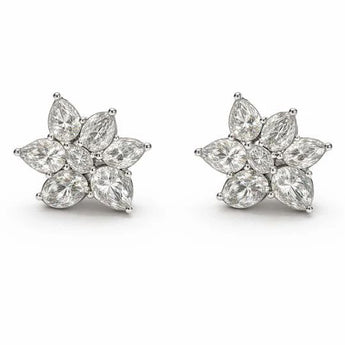 Luxury White Gold Pear-Cut Diamond Cluster Floral Stud Earrings