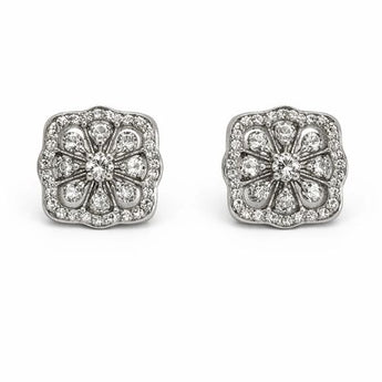 Vintage-Inspired Diamond Floral Halo Stud Earrings in White Gold