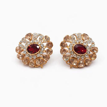 Royal Ruby and Diamond Cluster Halo Statement Earrings in 14K Gold