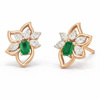 Emerald and Marquise Diamond Flower Stud Earrings - 18K Rose Gold Floral Jewelry