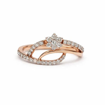Rose Gold Diamond Ring with Curved Wave and Floral Accent