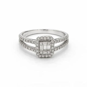 Round & Baguette Diamond Halo Ring 