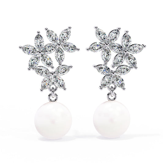 Crystal Flower and Pearl Drop Earrings