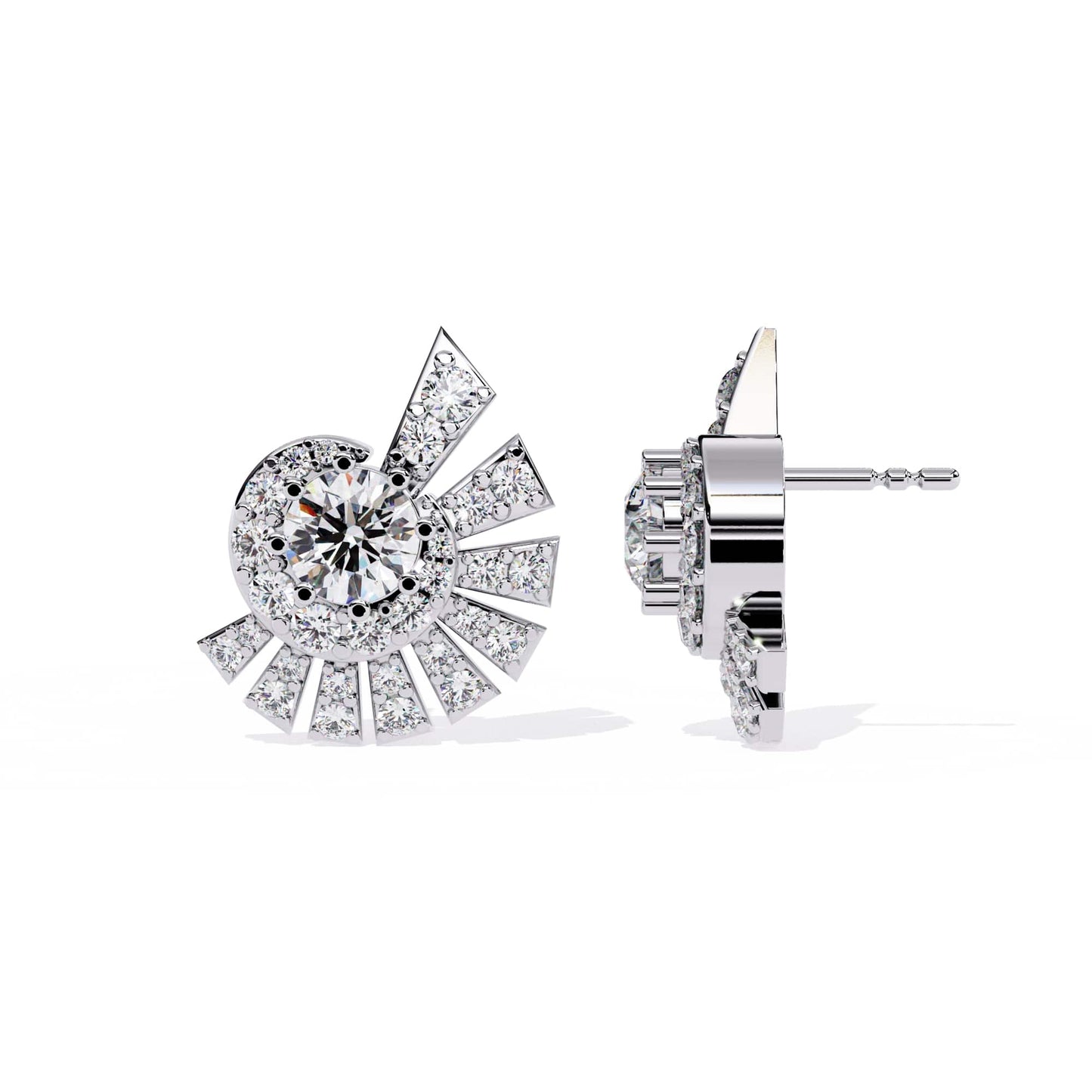 1.0ct Radiant Spiral Diamond Earrings with Fan Accents in White Gold