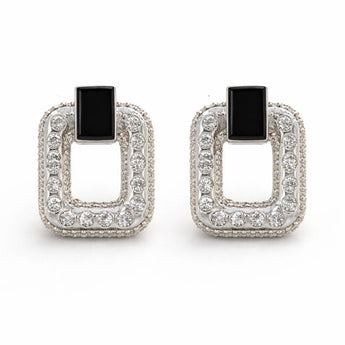 Black Onyx Geometric Square Halo Diamond Stud Earrings in White Gold