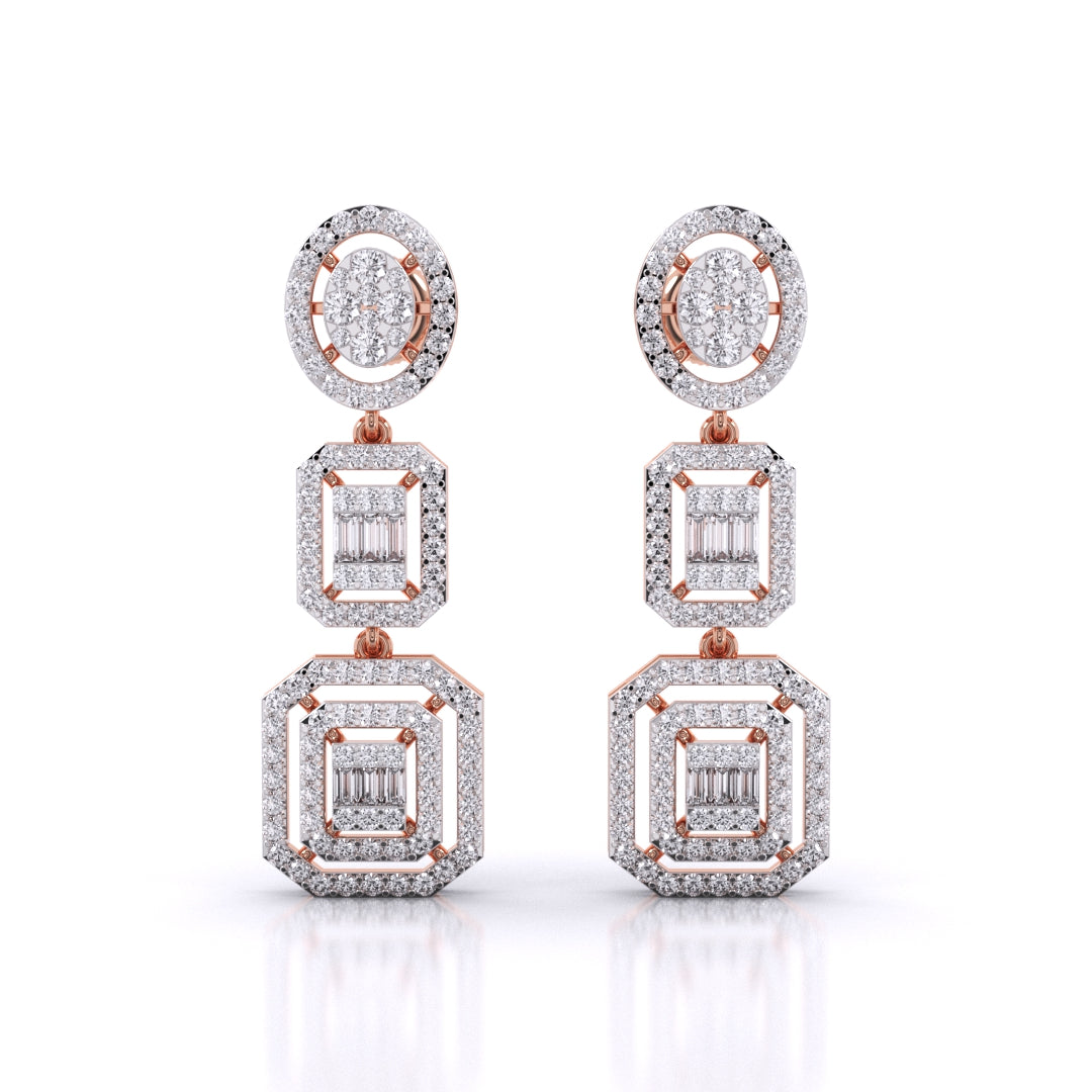 Baguette And Round Cut Zirconia Halo Cluster Dangle Earrings With Screw Back