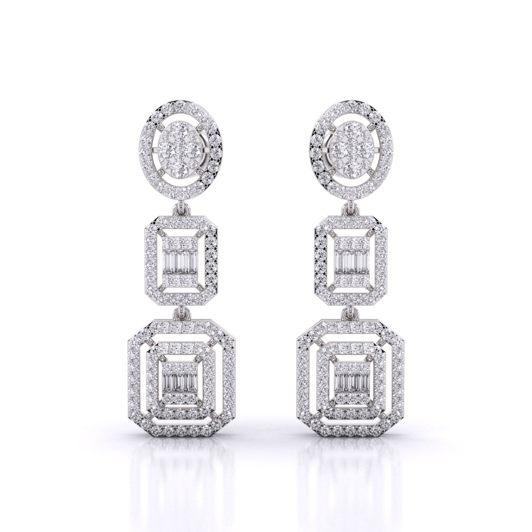 Baguette And Round Cut Zirconia Halo Cluster Dangle Earrings With Screw Back