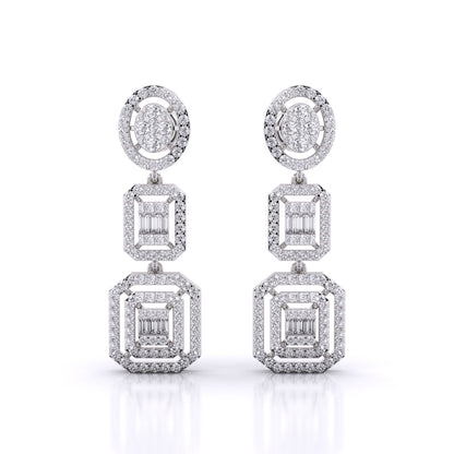 Baguette And Round Cut Zirconia Halo Cluster Dangle Earrings With Screw Back