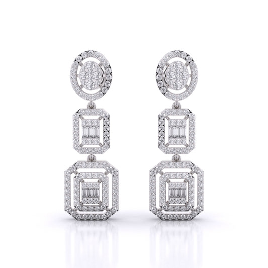 Baguette And Round Cut Zirconia Halo Cluster Dangle Earrings With Screw Back