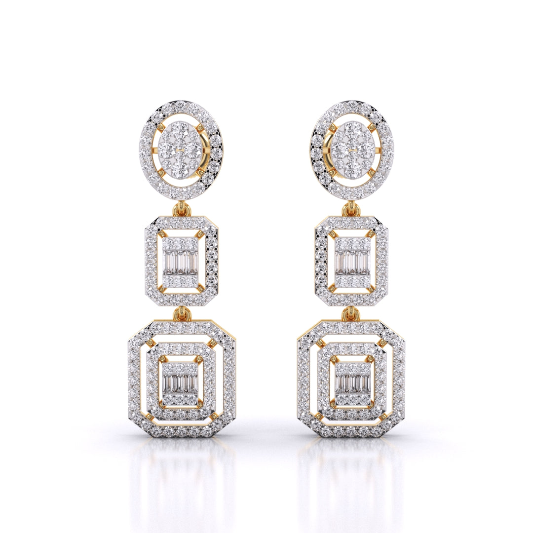 Baguette And Round Cut Zirconia Halo Cluster Dangle Earrings With Screw Back